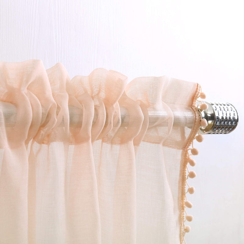 MISS SELECTEX Linen Look Pom Pom Tasseled Sheer Curtains - Rod Pocket Voile Semi-Sheer Curtains for Living and Bedroom, Set of 2 Curtain Panels (52 x 108 inch, Blush) - Image 4